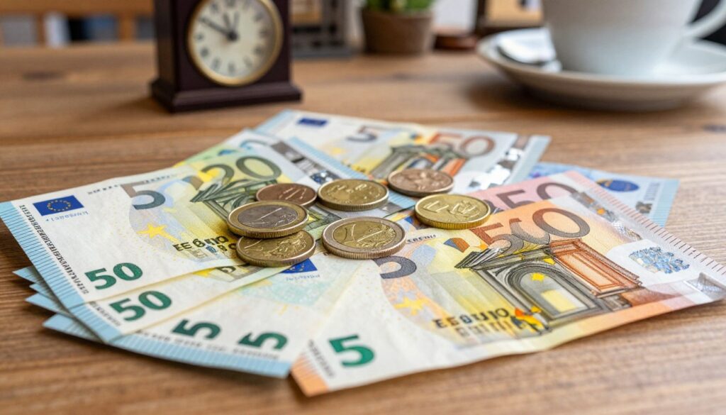 A detailed composition showcasing various denominations of Euro banknotes and coins spread across a wooden table. In the foreground, vibrant and colorful Euro banknotes in different values—ranging from 5 to 500 euros—are neatly fanned out, with their distinct designs and hues clearly visible. Scattered among them are shiny Euro coins, highlighting the different sizes and faces of 1, 2, and 5-cent coins alongside the larger denominations. The middle ground features a soft-focus background of a cozy German café, where subtle hints of traditional elements like a small clock and a coffee cup can be seen. The warm, natural lighting creates an inviting atmosphere, emphasizing the textures of the notes and coins. The angle captures the scene from slightly above, providing a comprehensive view of the currency layout while maintaining the charm of a local setting.