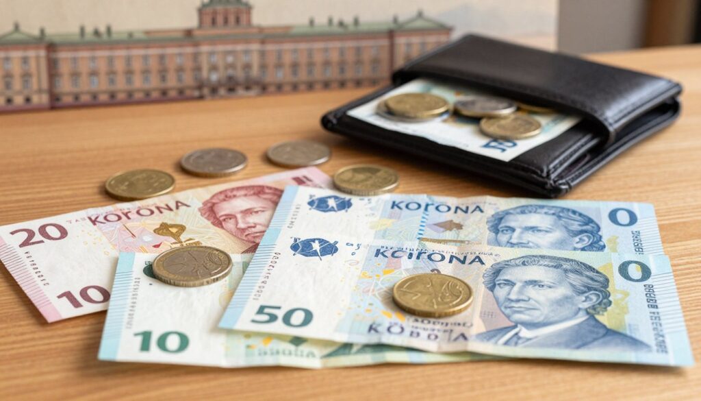 A detailed depiction of the Swedish currency, the "korona," prominently featuring a stack of colorful banknotes, showcasing different denominations, and a few coins including the öre. In the foreground, arrange the banknotes artistically spread out, highlighting their intricate designs and textures under soft, warm lighting to create an inviting ambiance. The middle ground should have a small, elegant wooden table displaying an open wallet filled with additional coins and notes. In the background, softly blurred outlines of Swedish landmarks, such as the Royal Palace or historic architecture, can hint at the currency's cultural significance. The atmosphere should feel informative yet visually engaging, inviting viewers to explore the concept of Swedish currency further. A detailed depiction of the Swedish currency, the "korona," prominently featuring a stack of colorful banknotes, showcasing different denominations, and a few coins including the öre. In the foreground, arrange the banknotes artistically spread out, highlighting their intricate designs and textures under soft, warm lighting to create an inviting ambiance. The middle ground should have a small, elegant wooden table displaying an open wallet filled with additional coins and notes. In the background, softly blurred outlines of Swedish landmarks, such as the Royal Palace or historic architecture, can hint at the currency's cultural significance. The atmosphere should feel informative yet visually engaging, inviting viewers to explore the concept of Swedish currency further.