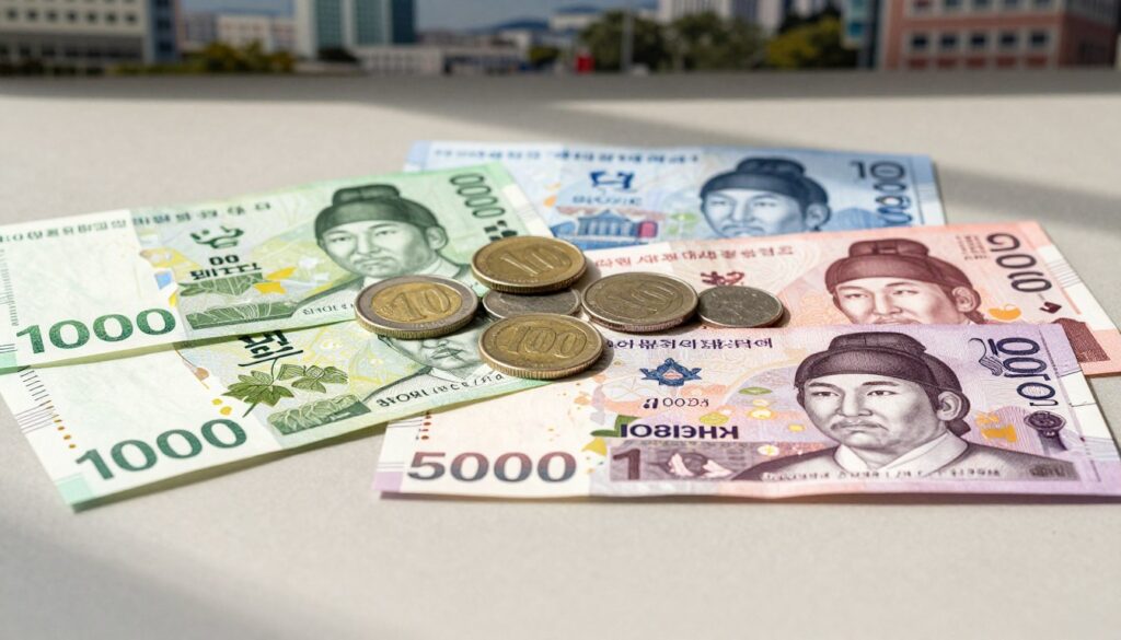 A detailed display of South Korean banknotes and coins, showcasing various denominations laid out on a clean, neutral surface. In the foreground, vibrant, crisp banknotes of 1,000, 5,000, 10,000, and 50,000 won are positioned artistically, highlighting their intricate designs, colors, and textures. In the middle, a selection of coins ranging from 10 to 1,000 won, reflecting their distinct sizes and characteristics, adds depth to the scene. The background features a soft-focus hint of a typical South Korean urban setting, suggesting the everyday use of these currencies. Natural soft lighting casts gentle shadows, creating a warm, inviting atmosphere while emphasizing the details of the currency. The overall mood is informative and engaging, perfect for illustrating financial themes.