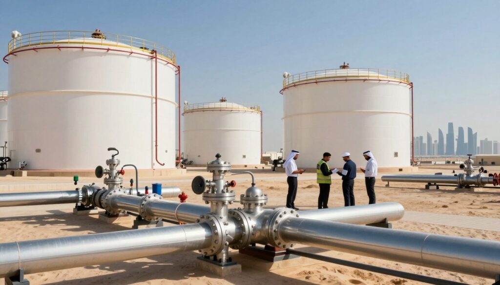 A detailed illustration of a modern gas facility in Qatar, with large storage tanks and modern pipelines in the foreground, gleaming under bright daylight. In the middle ground, show workers in professional business attire, inspecting equipment, representing the bustling energy sector. In the background, depict the arid desert landscape with a clear blue sky and a distant view of Doha's skyline, emphasizing Qatar's rapid urban growth. Use dynamic lighting to highlight the metallic surfaces of the gas infrastructure and create a warm, inviting atmosphere. Capture the essence of wealth and industry, while ensuring a clean and professional aesthetic, with a focus on innovation and progress in Qatar's economy.