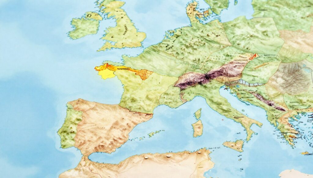 A detailed illustration of the Iberian Peninsula on a map of Europe, showcasing its geographic features. In the foreground, highlight the rugged coastline and mountains, visible in vibrant colors. In the middle, depict the Iberian Peninsula prominently, with Spain and Portugal outlined, emphasizing major cities like Madrid and Lisbon. The background should feature a faded map of Europe, with neighboring countries softly illustrated to provide context. Use bright, natural lighting to enhance the clarity of the map and create an inviting atmosphere. The angle should be slightly elevated, offering a comprehensive view of the peninsula in relation to the rest of Europe. Avoid any textual elements or visual clutter for a clean visual representation.