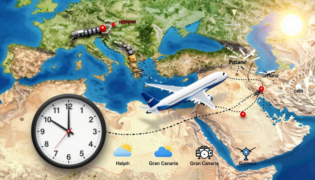 A detailed infographic-style image illustrating the factors influencing flight duration to Gran Canaria. In the foreground, a clock with hands indicating flight times, surrounded by icons representing distance, weather conditions, aircraft speed, and air traffic control. In the middle, a stylized airplane in motion with a flight path dotted line tracing its route from Poland to Gran Canaria. The background features a map of Europe and North Africa with highlighted routes to Gran Canaria, along with a sunny coastal landscape representing Gran Canaria itself. The lighting is bright and vibrant, conveying a sense of travel excitement. The perspective is slightly aerial, giving an expansive view of the routes and landscape. The atmosphere is informative and engaging, designed to attract the reader’s interest in travel nuances.