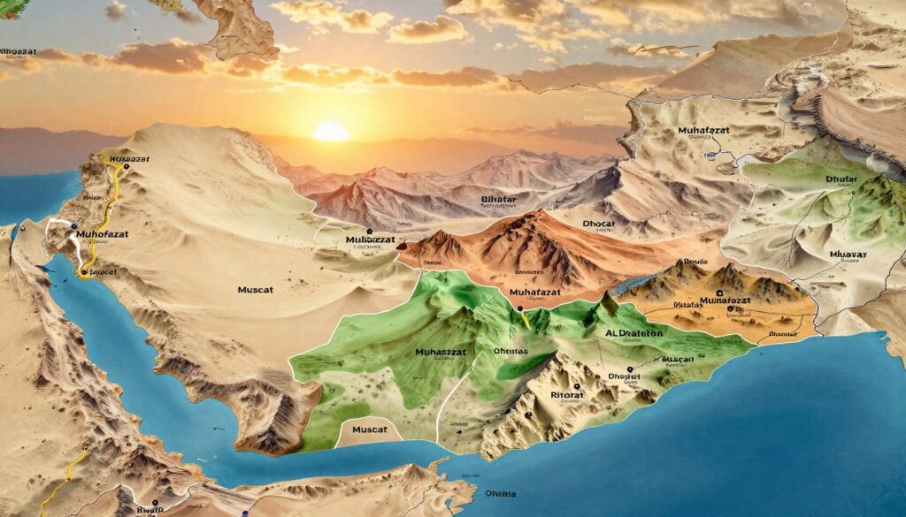 A detailed map of Oman illustrating its various regions, focusing on the distinct muhafazat. The foreground features a vibrant depiction of the diverse landscapes, including coastal areas, deserts, and mountainous regions. In the middle ground, include labeled sections highlighting the prominent cities and boundaries of each muhafazat, such as Muscat, Dhofar, and Al Dakhiliyah. The background showcases a warm sunset casting golden hues over the land, enhancing the natural beauty of the region. The atmosphere is inviting and informative, conveying a sense of exploration and learning about Oman’s geography. Use a wide-angle perspective with soft, natural lighting to create an engaging and educational visual experience.