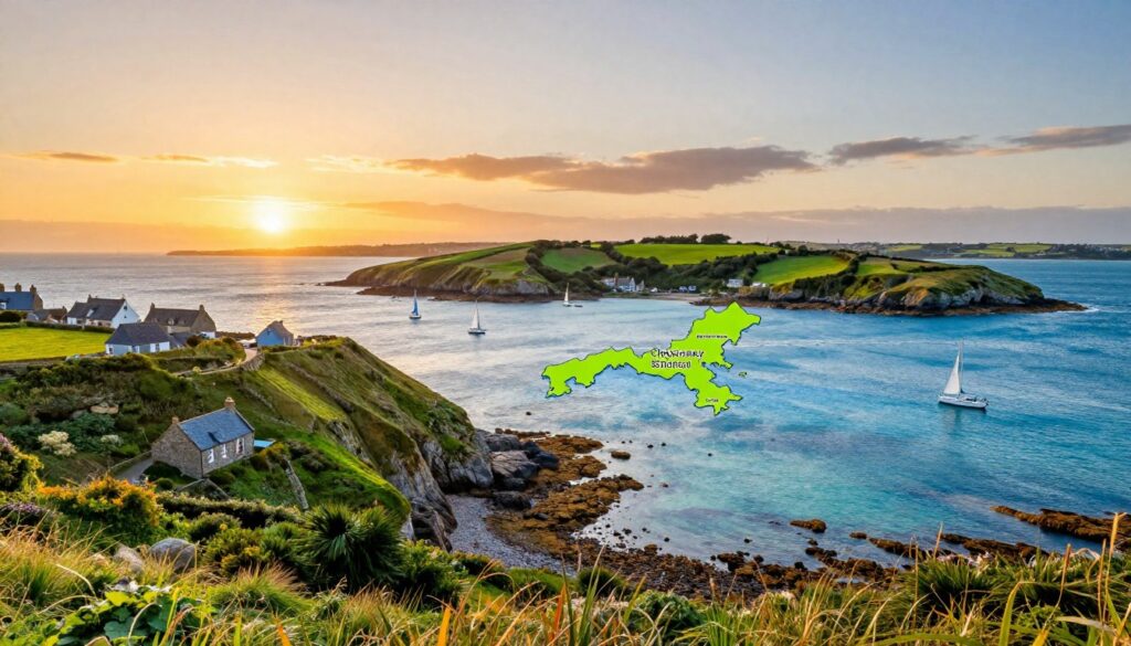 A detailed map of the Channel Islands, highlighting Jersey as the focal point, set against a backdrop of the stunning European coastline. In the foreground, depict vibrant coastal scenery with lush green hills and rocky shores, featuring a charming village with traditional stone architecture. In the middle ground, show the clear blue waters of the English Channel, dotted with sailboats to reflect a lively maritime culture. The background should feature a stunning sunset, casting warm golden light across the sky, creating a serene and peaceful atmosphere. The image should be captured with a wide-angle lens to encompass the beauty of this unique location, emphasizing Jersey's position within the Norman Isles and its proximity to mainland Europe.