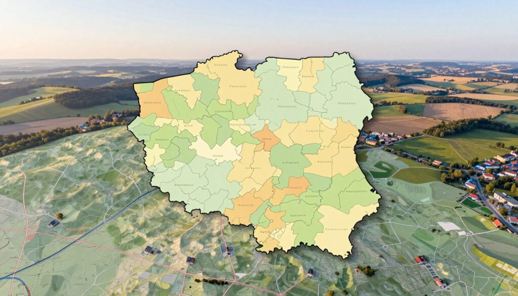 A detailed map of the administrative borders of Poznań, Poland, prominently displayed in the foreground, showcasing its distinct outline in contrasting colors. Surrounding the map, depict soft topographical details of neighboring municipalities and rural areas, blending smoothly into the middle background. In the background, include a serene landscape of the Greater Poland region with rolling hills, forests, and a clear sky, suggesting a peaceful atmosphere. The lighting should be warm and natural, mimicking the soft glow of a late afternoon sun to enhance the clarity of the map. Use a high-angle view, as if captured from a drone, emphasizing the geographical context of Poznań within Poland. The overall mood should evoke a sense of exploration and understanding of the city's administrative significance. A detailed map of the administrative borders of Poznań, Poland, prominently displayed in the foreground, showcasing its distinct outline in contrasting colors. Surrounding the map, depict soft topographical details of neighboring municipalities and rural areas, blending smoothly into the middle background. In the background, include a serene landscape of the Greater Poland region with rolling hills, forests, and a clear sky, suggesting a peaceful atmosphere. The lighting should be warm and natural, mimicking the soft glow of a late afternoon sun to enhance the clarity of the map. Use a high-angle view, as if captured from a drone, emphasizing the geographical context of Poznań within Poland. The overall mood should evoke a sense of exploration and understanding of the city's administrative significance.