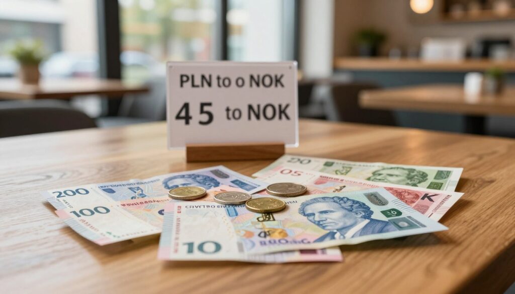 A detailed scene showcasing Norwegian kroner, arranged elegantly on a polished wooden table. In the foreground, a stack of colorful Norwegian banknotes in various denominations and a few coins, glimmering under soft, warm lighting that highlights their textures. In the middle background, a transparent currency exchange sign indicating the PLN to NOK exchange rate, softly blurred to keep focus on the currency. The background features a cozy, modern café setting with wooden accents and green plants, soft natural sunlight filtering in through large windows, adding a tranquil atmosphere. The overall mood is inviting and informative, ideal for representing currency exchange in Norway.