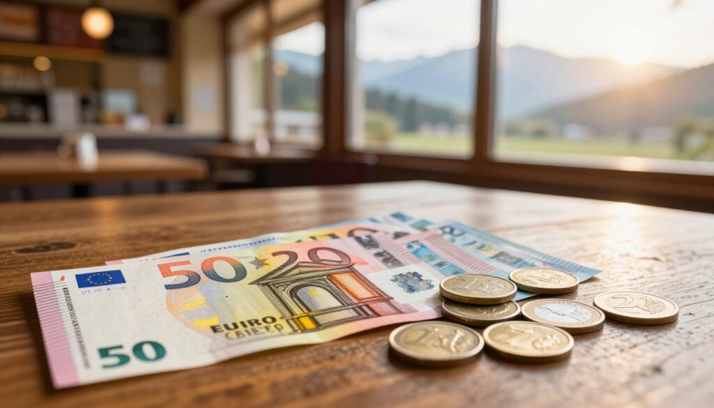 A detailed, vibrant illustration of euro banknotes and coins, prominently displayed on a polished wooden surface. In the foreground, crisp €50 and €20 banknotes are fanned out, showcasing their intricate designs and vibrant colors. Beside them, a variety of euro coins — €1, €2, and 50-cent pieces — reflect soft lighting, emphasizing their metallic sheen. In the middle ground, a blurred image of a typical Austrian café can be seen through a window, creating a warm, inviting atmosphere. The background features subtle hints of the Austrian landscape, bathed in golden afternoon sunlight. Use a shallow depth of field to draw focus to the money, with soft bokeh effects enhancing the overall mood of financial security and European culture.