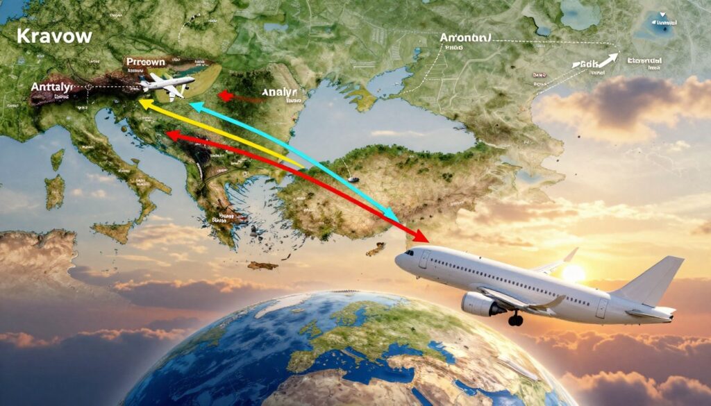 A digital map overlay displaying flight routes from Krakow to Turkey, highlighting Antalya and Istanbul, emphasizes the variations in travel times. In the foreground, a modern airliner is depicted, soaring above a stylized globe, capturing the essence of international travel. The middle layer features colorful arrows symbolizing different flight paths, with one route extending longer than the others, illustrating potential delays or detours. The background shows a vibrant sunset sky with soft, warm lighting, creating an inviting atmosphere, while subtle clouds add depth. The image is designed from a bird's-eye perspective, capturing the complexity of travel logistics without any text, ensuring clarity and professionalism.