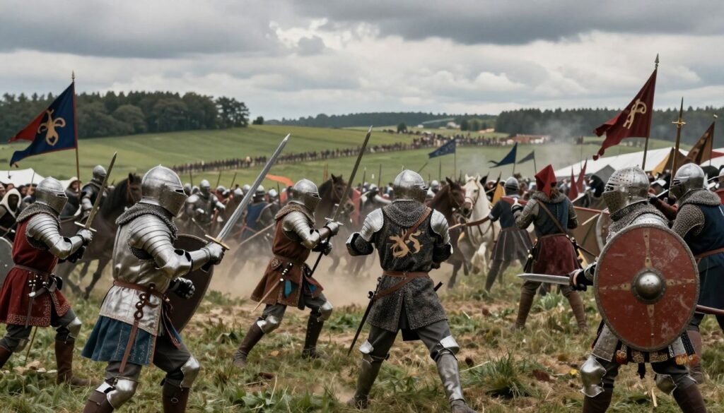 A dramatic scene depicting the Battle of Grunwald, set in 1410. In the foreground, medieval knights in ornate armor engage in fierce combat, wielding swords and shields, their expressions filled with determination. The middle layer features a chaotic battlefield strewn with flags, horses, and soldiers clashing under the heavy weight of history, capturing the intensity of the moment. In the background, an expansive landscape of green fields and distant trees stretches out, with a cloudy sky casting diffused lighting, enhancing the somber yet heroic atmosphere. Capture the essence of medieval warfare, emphasizing the struggle and valor of the knights, creating a mood of epic confrontation and historical significance. Use a slightly low angle to emphasize the scale and gravity of the battle.