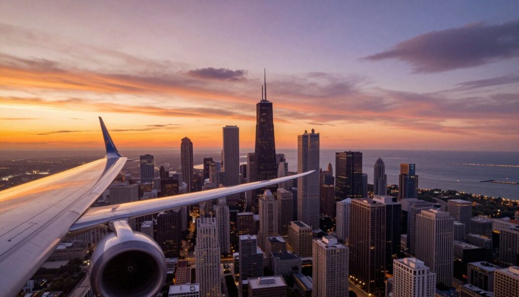 A dynamic aerial view of a Boeing 787 flying over the vibrant Chicago skyline during sunset. In the foreground, the aircraft's wing extends into the frame, showcasing its sleek design. The middle ground features the iconic Chicago skyline, with prominent skyscrapers like Willis Tower and John Hancock Centre illuminated by the golden hues of sunset. In the background, wispy clouds scatter across the sky, reflecting shades of orange and purple, enhancing the sense of travel and adventure. The mood is inspiring and hopeful, suggesting the excitement of a journey. The image is captured with a wide-angle lens to provide a broader perspective. Ensure no text or watermarks are present, focusing solely on the visual elements of travel and the beauty of Chicago.