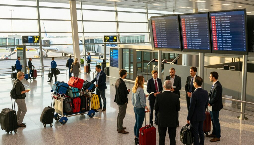 A dynamic airport scene showcasing interconnected flights and layovers. In the foreground, a diverse group of travelers, dressed in professional business attire, consults a digital flight board displaying connecting flight information to Turkey. In the middle, luggage carts overflow with vibrant bags, while airport staff assists passengers. The background features a bustling terminal with departures and arrival gates, large glass windows illuminated by natural sunlight, creating a warm, inviting atmosphere. Include an airplane visible through the windows, hinting at the destination of Alanya or Antalya. The overall mood is energetic and focused, reflecting the anticipation and logistics of international travel. Use a wide-angle lens perspective to capture the scale and detail of the scene.