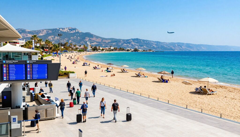 A dynamic split-view image showcasing the Wrocław airport and a sunny Cypriot beach scene. In the foreground, depict a modern, busy airport terminal in Wrocław with travelers checking in and a large flight information board displaying flights to Cyprus. In contrast, the middle of the image transitions to a vibrant, idyllic beach on Cyprus with clear blue skies, sun loungers, and tourists relaxing. The background features scenic mountains and palm trees, enhancing the vacation atmosphere. Use bright, inviting lighting to create a cheerful mood, with a wide-angle perspective capturing both locations harmoniously. Focus on the travel theme by incorporating luggage and plane silhouettes in the distance, highlighting the direct nature of flights.