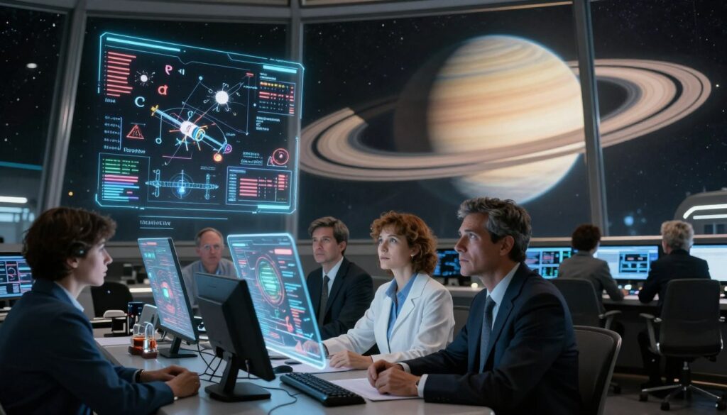 A futuristic control room filled with advanced technology and displays showing complex calculations of spaceflight, with a large panoramic window revealing the distant planet Saturn. In the foreground, a diverse group of scientists, dressed in professional business attire, analyze data on holographic interfaces, looking concerned yet focused. In the middle ground, intricate diagrams and equations float in mid-air, representing the limitations and challenges of current space travel technology. The background showcases a stunning view of Saturn, its rings illuminated by a soft, ethereal light. The atmosphere is contemplative and tense, reflecting the intellectual struggle against the constraints of physics and engineering in interplanetary travel, captured with a cinematic angle and warm lighting to enhance the mood. A futuristic control room filled with advanced technology and displays showing complex calculations of spaceflight, with a large panoramic window revealing the distant planet Saturn. In the foreground, a diverse group of scientists, dressed in professional business attire, analyze data on holographic interfaces, looking concerned yet focused. In the middle ground, intricate diagrams and equations float in mid-air, representing the limitations and challenges of current space travel technology. The background showcases a stunning view of Saturn, its rings illuminated by a soft, ethereal light. The atmosphere is contemplative and tense, reflecting the intellectual struggle against the constraints of physics and engineering in interplanetary travel, captured with a cinematic angle and warm lighting to enhance the mood.