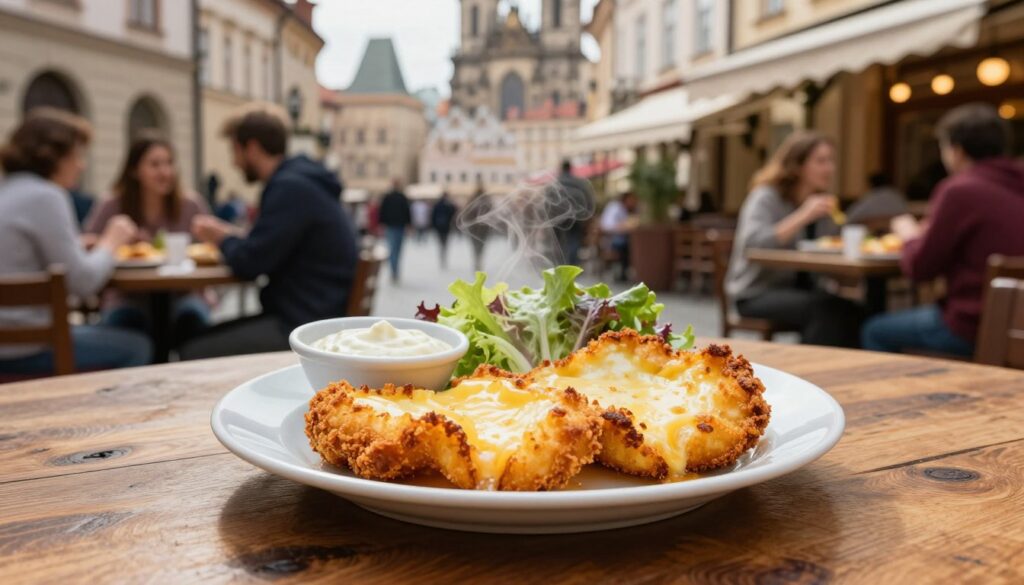 A golden-brown plate of crispy fried cheese, or "smaženy ser," placed centrally on a rustic wooden table. The cheese is perfectly breaded, with steam lightly rising to indicate warmth. Surround the cheese with a small bowl of tangy dipping sauce and a garnish of fresh salad leaves. In the background, a bustling Prague street scene is softly blurred, featuring historic architecture and cheerful locals enjoying their meals at outdoor cafés. Warm, natural lighting evokes a cozy, inviting atmosphere. The camera angle is slightly overhead, capturing the vibrant colors and textures of the dish while maintaining an intimate, homely feel.