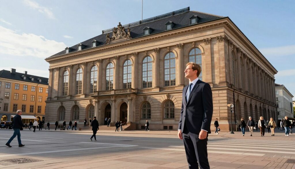A grand view of the Narodowy Bank of Denmark, showcasing its impressive architecture with large, intricate windows and a classic façade. In the foreground, a well-dressed figure (in professional attire) stands confidently, gazing at the building, embodying the role of a financial professional. The middle ground features a bustling city street, filled with people engaged in their daily activities, reflecting the busy atmosphere of Copenhagen. In the background, the sky is bright and clear, with the sun casting warm, inviting light, which highlights the ornate details of the bank's exterior. The overall mood is one of professionalism and economic vitality, evoking a sense of stability and trust in Denmark's currency, the Danish Krone (DKK). A grand view of the Narodowy Bank of Denmark, showcasing its impressive architecture with large, intricate windows and a classic façade. In the foreground, a well-dressed figure (in professional attire) stands confidently, gazing at the building, embodying the role of a financial professional. The middle ground features a bustling city street, filled with people engaged in their daily activities, reflecting the busy atmosphere of Copenhagen. In the background, the sky is bright and clear, with the sun casting warm, inviting light, which highlights the ornate details of the bank's exterior. The overall mood is one of professionalism and economic vitality, evoking a sense of stability and trust in Denmark's currency, the Danish Krone (DKK).