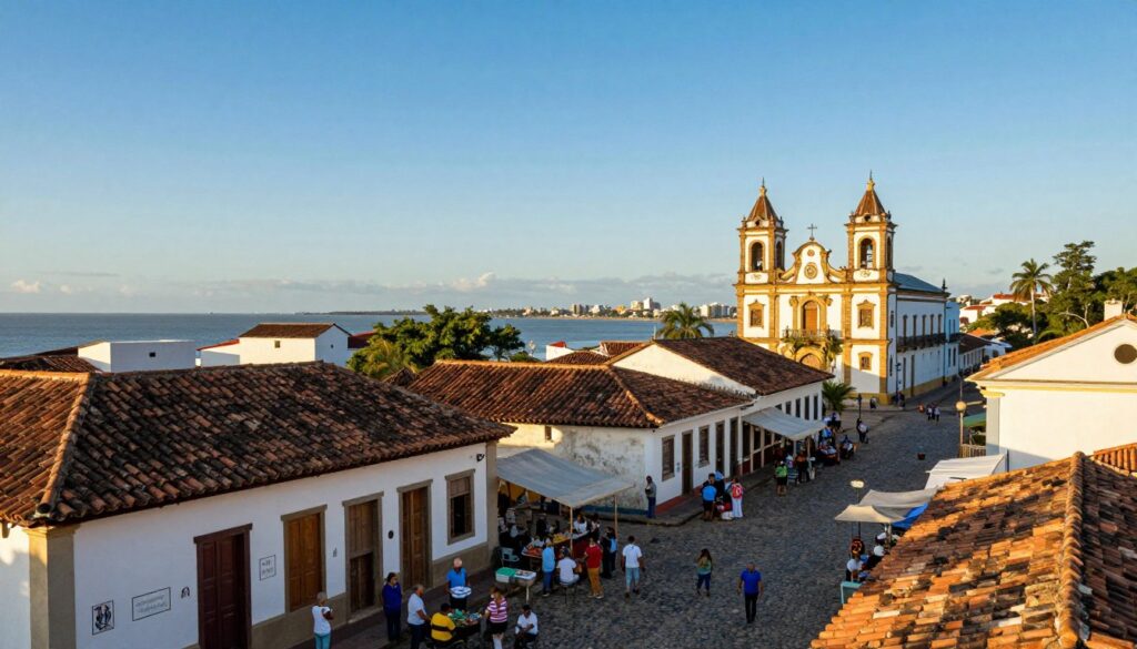 A historical representation of Uruguay's identity, featuring a picturesque landscape that blends the vibrant coastal scenery with rich cultural elements. In the foreground, include traditional Uruguayan architecture, such as colonial houses with terracotta roofs, bustling markets, and friendly locals in modest, casual attire engaging in everyday activities. The middle ground showcases iconic landmarks, such as the Solis Theatre and the historic Ciudad Vieja with its cobblestone streets. In the background, an expansive view of the Rio de la Plata under a clear blue sky, illuminated by warm, golden sunlight, embodies a sense of tranquility and cultural warmth. The overall mood is inviting and reflective, celebrating Uruguay's historical richness and identity without overt modern influences.