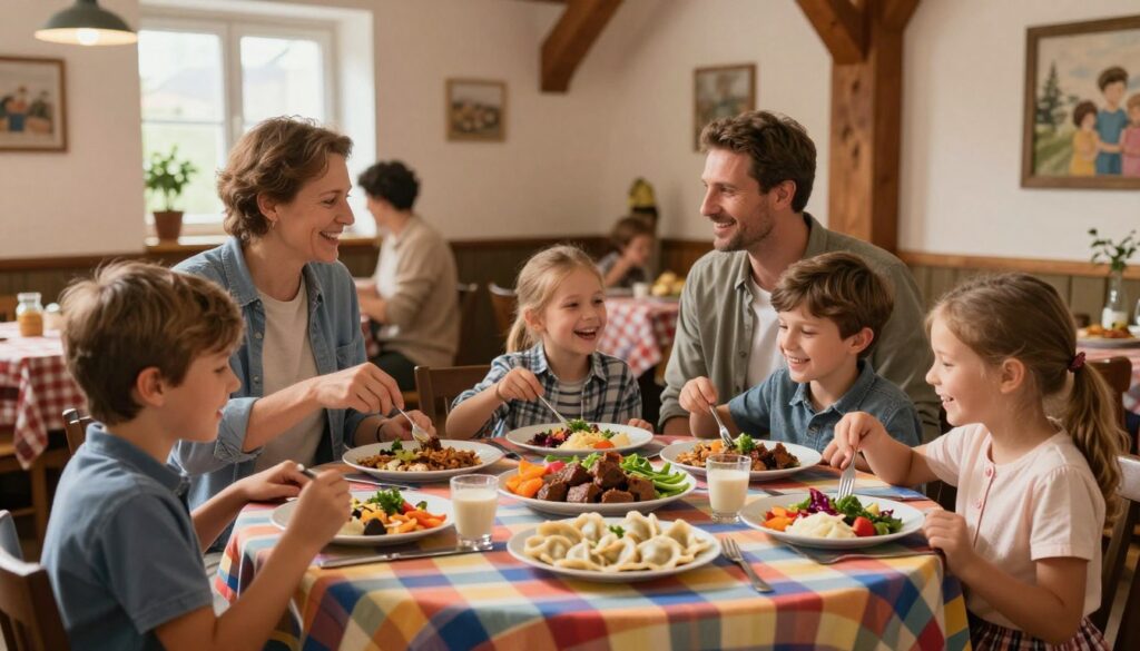 A lively family dinner scene featuring children enjoying a meal in a cozy restaurant setting in Toruń. In the foreground, a round table is adorned with a colorful checkered tablecloth, crowded with plates of local dishes like pierogi, bigos, and fresh salads. Children, dressed in modest casual attire, are smiling and laughing, sharing food and moments together. In the middle ground, attentive parents converse, looking pleased as they enjoy the family atmosphere. The background reveals a charming interior with wooden beams, warm lighting, and family-friendly decor, creating an inviting ambiance. Soft natural light filters through a window, casting a warm glow on the scene, enhancing the joyful mood of a family gathering. A lively family dinner scene featuring children enjoying a meal in a cozy restaurant setting in Toruń. In the foreground, a round table is adorned with a colorful checkered tablecloth, crowded with plates of local dishes like pierogi, bigos, and fresh salads. Children, dressed in modest casual attire, are smiling and laughing, sharing food and moments together. In the middle ground, attentive parents converse, looking pleased as they enjoy the family atmosphere. The background reveals a charming interior with wooden beams, warm lighting, and family-friendly decor, creating an inviting ambiance. Soft natural light filters through a window, casting a warm glow on the scene, enhancing the joyful mood of a family gathering.