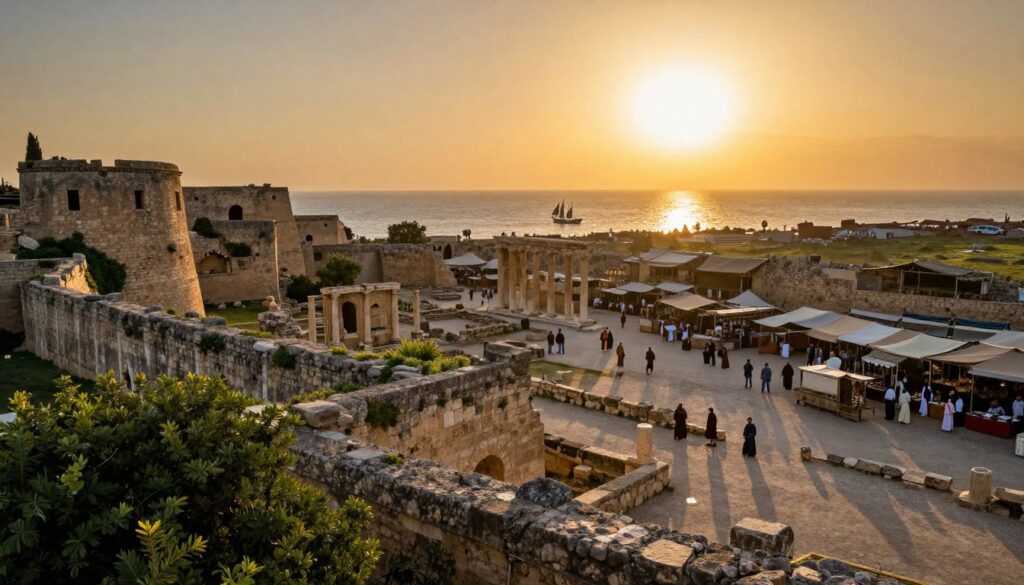 A majestic view of ancient Carthage under a vibrant sunset, highlighting its historical significance. In the foreground, towering ruins of the Punic War fortifications, with lush greenery partially overtaking the stone structures. In the middle ground, traces of bustling marketplaces with traders in modest clothing, capturing the essence of daily life in this ancient power. The background features the glimmering Mediterranean Sea, with sailing ships reflecting the golden sunlight. Use a wide-angle lens to capture the expansive landscape, enhancing the mood of nostalgia and grandeur. Soft, warm lighting casts long shadows, evoking a sense of ancient glory and civilization. The atmosphere should feel rich with history and intrigue, inviting viewers to explore the legacy of Carthage. A majestic view of ancient Carthage under a vibrant sunset, highlighting its historical significance. In the foreground, towering ruins of the Punic War fortifications, with lush greenery partially overtaking the stone structures. In the middle ground, traces of bustling marketplaces with traders in modest clothing, capturing the essence of daily life in this ancient power. The background features the glimmering Mediterranean Sea, with sailing ships reflecting the golden sunlight. Use a wide-angle lens to capture the expansive landscape, enhancing the mood of nostalgia and grandeur. Soft, warm lighting casts long shadows, evoking a sense of ancient glory and civilization. The atmosphere should feel rich with history and intrigue, inviting viewers to explore the legacy of Carthage.