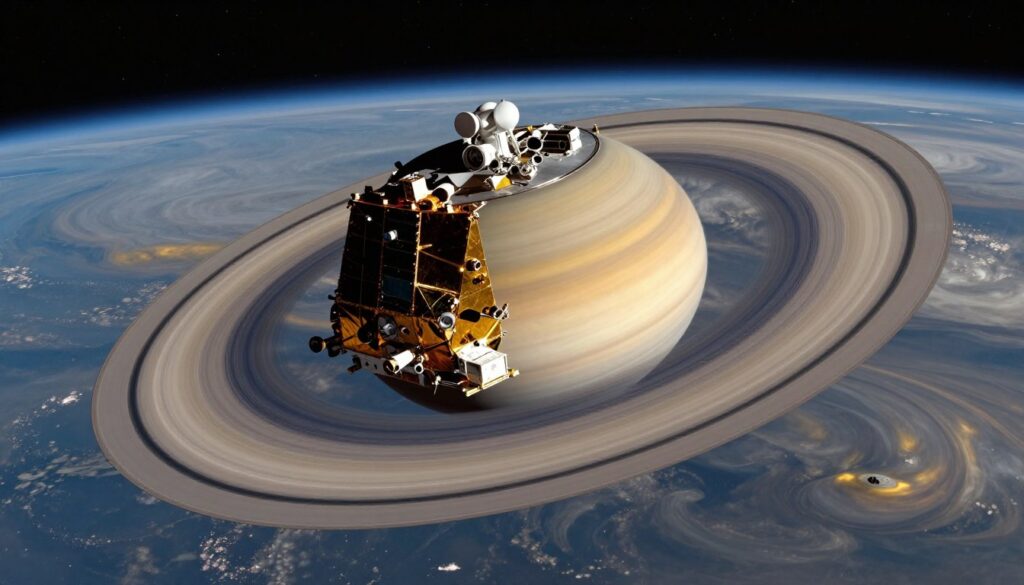 A majestic view of the Cassini spacecraft approaching Saturn, with its iconic rings in vivid detail. In the foreground, the Cassini spacecraft is depicted in high resolution, showcasing its intricate scientific instruments and golden hue against the backdrop of space. The middle ground features Saturn's stunning atmosphere, rich in swirling clouds of gas, with various shades of blue, gray, and hints of gold. The rings are prominently displayed, shimmering with a soft glow as sunlight reflects off their icy particles. The background features a starry expanse of deep space, creating a sense of vastness and mystery. The mood is one of wonder and exploration, with a soft, ethereal light illuminating the scene as if capturing a moment of discovery.