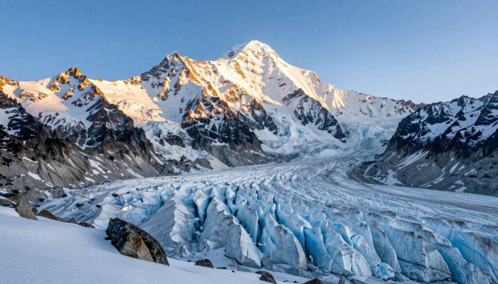 A majestic view of the Mont Blanc massif, showcasing its towering peaks covered in pristine glaciers. In the foreground, detailed ice formations and crevasses sparkle under bright sunlight, with a few rugged rocks peeking through the snow. The middle ground reveals the remote glacial landscape, dotted with patches of snow and cascading ice flows extending from the summit. In the background, the Mont Blanc peak rises dramatically against a clear blue sky, its snow-capped summit reflecting soft golden light during the late afternoon. The atmosphere is serene and awe-inspiring, capturing the majestic beauty of the "White Mountain", evoking a sense of adventure and exploration. The image should have a high-resolution quality with a focus on clarity, ideal for showcasing the magnificent glaciers of Mont Blanc in natural light.