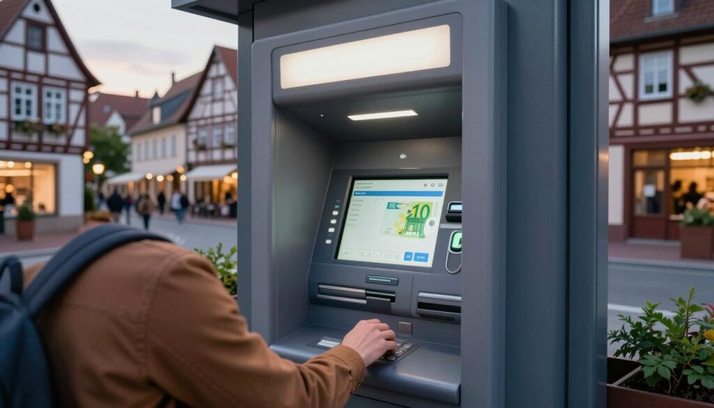 A modern ATM kiosk situated in a lively German town, its screen glowing with a user-friendly interface displaying the Euro currency. In the foreground, a person in smart casual attire, focused on their transaction, is casually typing on the keypad. The middle ground features the ATM surrounded by a quaint street lined with traditional German architecture, including half-timbered houses and greenery. In the background, soft evening light bathes the scene, creating a warm and inviting atmosphere. The angle is slightly low, emphasizing the ATM's prominence while capturing the charm of the bustling town life. The overall mood is practical yet friendly, illustrating the ease of withdrawing cash in Germany without distractions like text or logos.