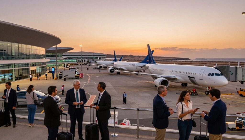 A modern airport on Fuerteventura during a vibrant sunset, showcasing sleek architecture and bustling activity. In the foreground, a group of diverse travelers, dressed in professional business attire and casual clothing, are engaged in animated discussions while waiting for their luggage. In the middle ground, a line of sleek airplanes is parked at the terminal, with staff assisting passengers and managing logistics. The background features the striking landscape of Fuerteventura, with sandy beaches and rugged coastline visible beyond the airport buildings. Soft, warm lighting enhances the welcoming atmosphere, while a wide-angle perspective captures the scope of the airport. The overall mood is one of excitement and anticipation, as travelers prepare to begin their holiday adventures. A modern airport on Fuerteventura during a vibrant sunset, showcasing sleek architecture and bustling activity. In the foreground, a group of diverse travelers, dressed in professional business attire and casual clothing, are engaged in animated discussions while waiting for their luggage. In the middle ground, a line of sleek airplanes is parked at the terminal, with staff assisting passengers and managing logistics. The background features the striking landscape of Fuerteventura, with sandy beaches and rugged coastline visible beyond the airport buildings. Soft, warm lighting enhances the welcoming atmosphere, while a wide-angle perspective captures the scope of the airport. The overall mood is one of excitement and anticipation, as travelers prepare to begin their holiday adventures.
