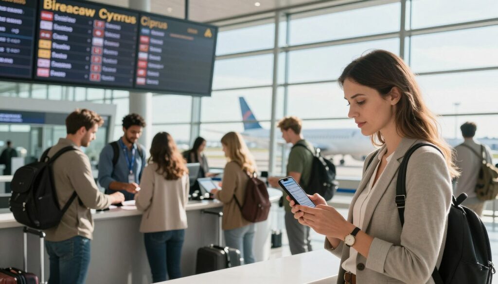 A modern airport terminal bustling with travelers, showcasing a sleek departure board highlighting direct flights from Wrocław to Cyprus. In the foreground, a well-dressed businesswoman is consulting a smartphone app for flight details, exuding a sense of confidence and ease. The middle ground features a diverse group of passengers checking in at the counter with friendly airline staff, embodying a smooth and efficient travel experience. In the background, large windows reveal sunny skies and an airplane ready for takeoff, symbolizing direct travel. The lighting is bright and welcoming, with soft sunlight pouring through the glass, creating an optimistic and stress-free atmosphere. The focus should be on the seamless journey and modern travel efficiency, without any text or distractions in the image.