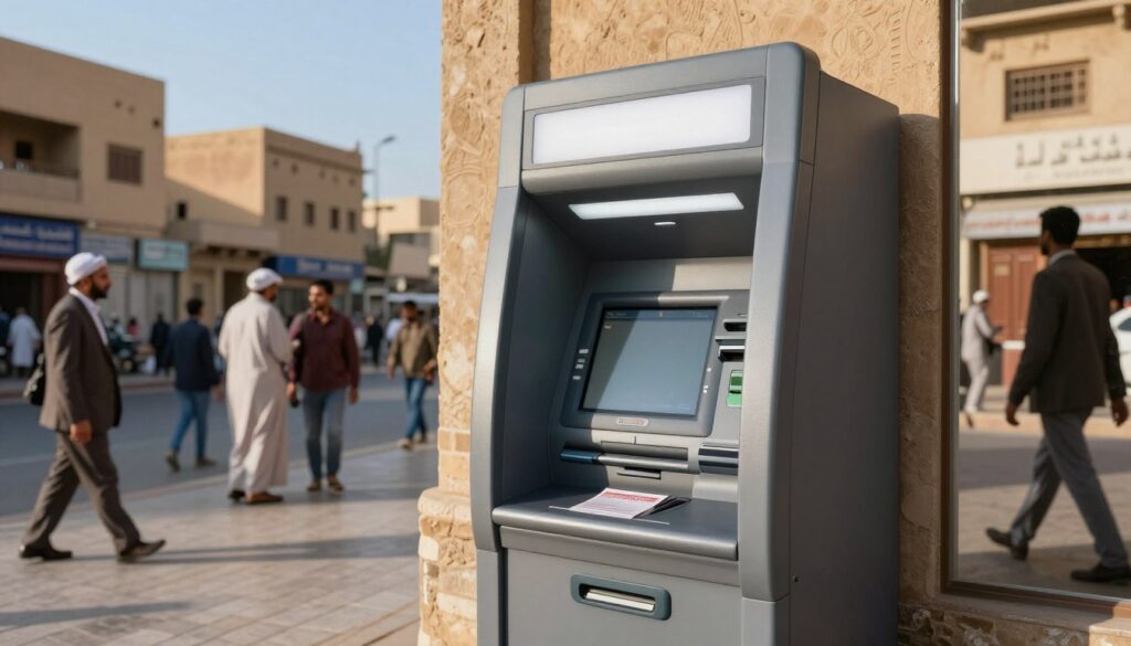 A modern bank ATM prominently featured in the foreground, with a sleek, user-friendly design showcasing a touch screen interface. Behind the ATM, a bustling city street in Egypt is visible, highlighting traditional buildings with warm, earthy tones and a clear blue sky. People of diverse backgrounds, dressed in professional and modest casual attire, are seen interacting with the ATM or walking nearby, creating a sense of everyday life. The scene is bathed in soft afternoon sunlight, casting gentle shadows to enhance depth. The overall atmosphere conveys accessibility and convenience, emphasizing the importance of cash withdrawals in a vibrant urban setting.