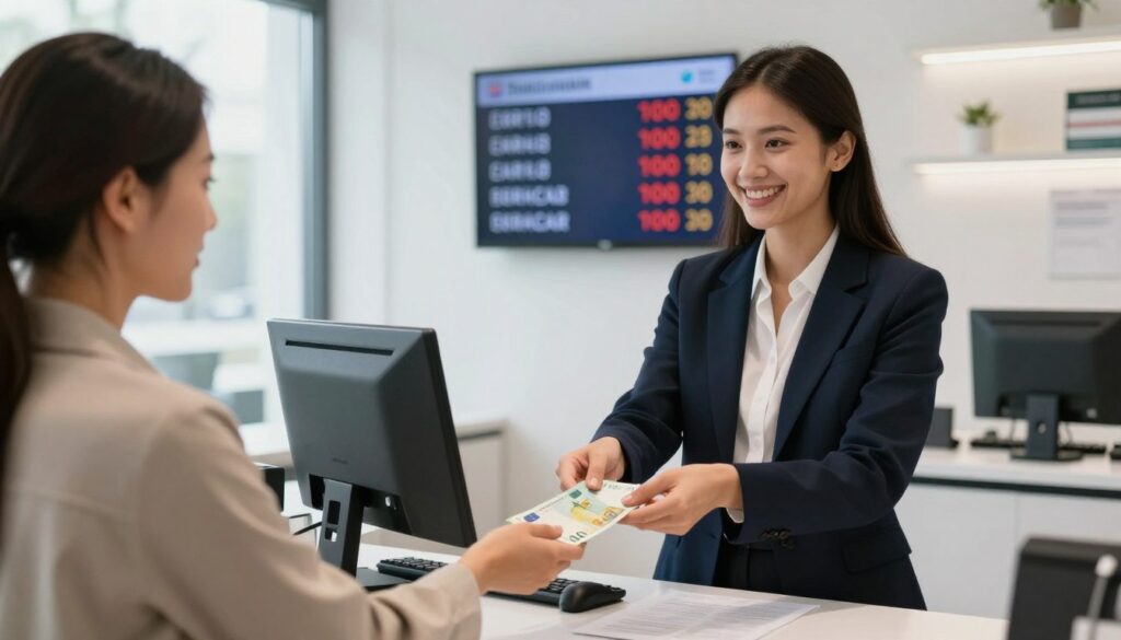A modern currency exchange scene showcasing a well-lit, professional currency exchange office. In the foreground, a confident, business-dressed professional woman is assisting a customer at the exchange counter. The woman, with a welcoming smile, is handing over newly exchanged Euro banknotes. In the middle ground, a digital exchange rate display shows current rates between various currencies, prominently featuring Euro. The background includes a sleek, minimalist decor with large windows allowing natural light to flood the room, creating an inviting atmosphere. The setting conveys efficiency and trust, suitable for anyone looking to exchange currency. The overall mood is positive and professional, emphasizing the ease of acquiring Euros for travelers.