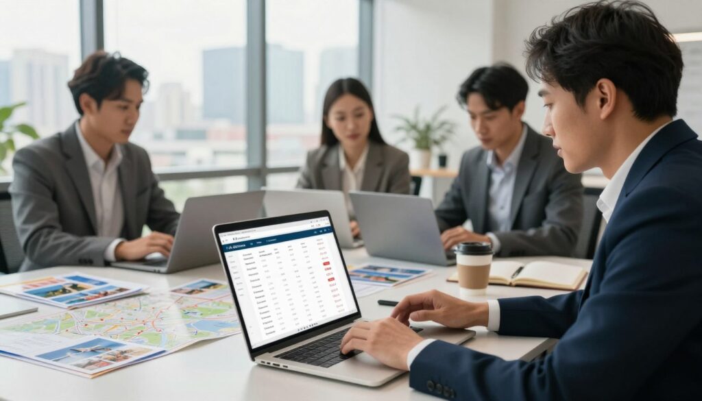 A modern travel planning scene set in a stylish office environment, featuring a diverse group of three professionals in business attire sitting around a large table cluttered with laptops, travel brochures, and maps. The foreground showcases a close-up of a laptop screen displaying flight comparison websites and ticket prices, while in the background, a large window reveals a bright city skyline bathed in natural daylight. Soft, warm lighting illuminates the room, creating an inviting atmosphere. Subtle details like coffee cups and notepads enhance the sense of active planning. The overall mood is focused and collaborative, emphasizing the importance of strategic flight planning and budgeting for international travel.