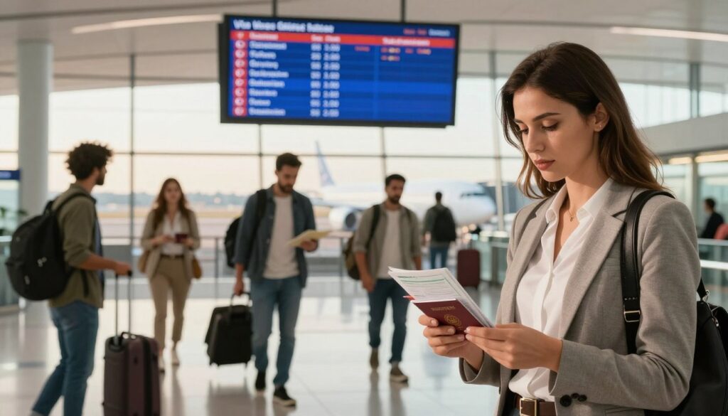 A modern travel scene depicting an airport setting with a diverse group of travelers. In the foreground, a woman in professional business attire is reviewing her passport and travel documents with a focused expression, while in the middle ground, a digital display board shows flight information and visa requirements for Turkey. The background features the bustling terminal environment, with travelers moving with luggage, and a large window revealing an aircraft on the tarmac under warm, golden lighting. The overall mood conveys a sense of anticipation and readiness for travel, emphasizing the importance of proper documentation. The composition captures the essence of preparing for an international trip.