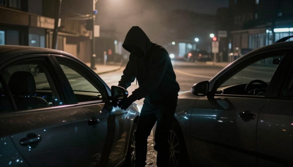 A nighttime urban scene illustrating car theft, with a focus on a shadowy figure attempting to break into a parked car. The foreground features the car, sleek and modern, with a subtle glow from its interior lights. In the middle ground, the thief is dressed in dark clothing, wearing a hood, emphasizing a sense of secrecy and crime. The background shows a dimly lit city street with a few lampposts casting long shadows, hinting at a sense of vulnerability. The atmosphere is tense and suspenseful, with fog swirling around the scene, creating depth. The lighting is low-key, enhancing the mood of unease and caution, captured with a cinematic lens to draw attention to the imminent act of theft.