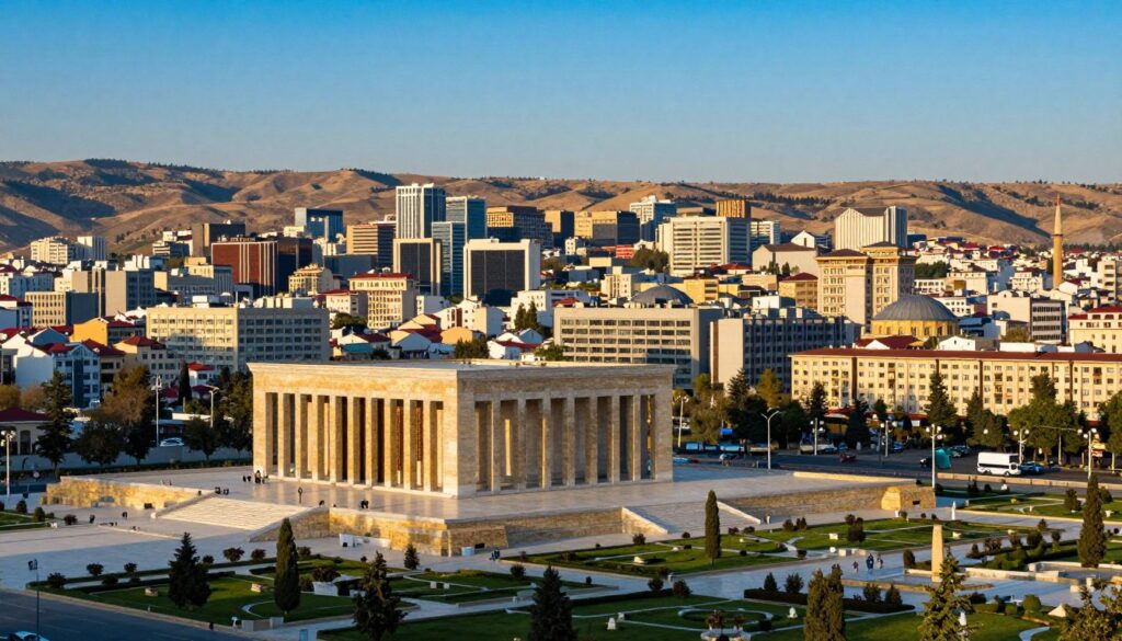 A panoramic view of Ankara, the capital city of Turkey, showcasing its modern architecture alongside historical landmarks. In the foreground, capture the impressive Anıtkabir, the mausoleum of Mustafa Kemal Atatürk, surrounded by well-maintained gardens. The middle ground features the bustling city with contemporary buildings and traditional Turkish mosques, illustrating the blend of past and present. In the background, rolling hills and a clear blue sky enhance the sense of depth. The lighting is warm and inviting, reminiscent of a late afternoon sun, creating a vibrant atmosphere. The angle should be slightly elevated to give an expansive view, highlighting the geography of life in Turkey. Emphasize a sense of unity and vibrancy in this diverse urban landscape, ensuring it conveys Ankara's significance as a cultural and political hub.