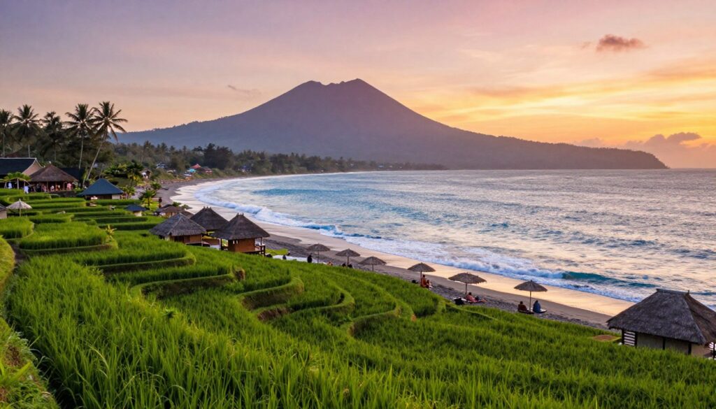 A panoramic view of Bali, showcasing its stunning landscape and geographical features. The foreground highlights lush, green rice terraces, with a small traditional Balinese village nestled among them. In the middle ground, a clear blue ocean waves gently lap against pristine beaches, dotted with modest beach umbrellas and sunbathers in casual, modest clothing. The background features the iconic silhouette of volcanic mountains against a vibrant sunset, casting warm golden and pink hues across the sky. The scene should evoke a sense of tranquility and adventure, with soft, natural lighting enhancing the vivid colors of the landscape. Use a wide-angle lens to capture the expansive view, inviting exploration of Bali's diverse attractions and neighboring islands.