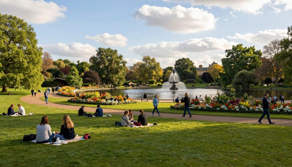 A panoramic view of Hyde Park in London, showcasing its lush green lawns and serene water features. In the foreground, visitors engaged in leisurely activities—some with picnics on the grass, others strolling along winding pathways, all dressed in casual but modest clothing, capturing a relaxed atmosphere. The middle ground features vibrant flower beds and majestic trees, creating a sense of tranquility. In the background, iconic landmarks like the Serpentine lake and the Diana Memorial Fountain glimmer under soft, golden sunlight, enhancing the mood of a peaceful urban retreat. A clear blue sky with fluffy white clouds adds to the serene ambiance, providing a perfect escape in the heart of the city.