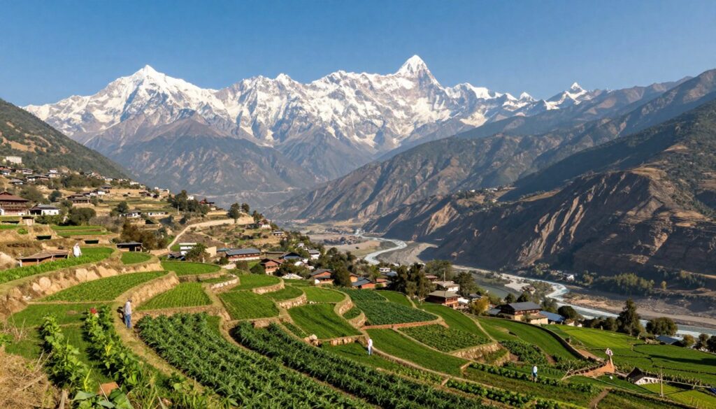 A panoramic view of Nepal’s diverse landscape, showcasing its unique topography and geographical features. In the foreground, lush green terraced fields with farmers cultivating crops, representing the agricultural aspect of Nepal. The middle ground features the majestic Himalayan mountain range, with snow-capped peaks rising majestically against a clear blue sky. In the background, the rugged hills transition into valleys, highlighted by winding rivers and traditional Nepali villages nestled into the scenery. The lighting is bright and warm, suggesting a sunny day, casting soft shadows that enhance the details of the landscape. Capture this scene from a slightly elevated angle to emphasize the vastness of the land, evoking a sense of wonder and tranquility. The overall atmosphere is serene and inviting, celebrating the natural beauty and size of Nepal in comparison to Poland.