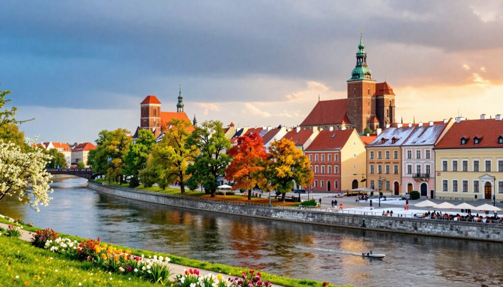 A panoramic view of Poznań's climate throughout the seasons, showcasing a vibrant collage. In the foreground, a picturesque riverbank with blooming flowers in spring, lush green trees during summer, colorful leaves in autumn, and a light dusting of snow in winter. In the middle ground, iconic Poznań architecture, including the colorful market square and historical churches, harmoniously interwoven with seasonal elements like umbrellas in the rain and sunbathers by the water. The background features a soft sky that transitions through clear blue, overcast grays, and dramatic sunset hues. The lighting is warm and inviting, enhancing the mood of tranquility and beauty, viewed from an elevated angle to capture the full essence of the city’s climate variation throughout the year. A panoramic view of Poznań's climate throughout the seasons, showcasing a vibrant collage. In the foreground, a picturesque riverbank with blooming flowers in spring, lush green trees during summer, colorful leaves in autumn, and a light dusting of snow in winter. In the middle ground, iconic Poznań architecture, including the colorful market square and historical churches, harmoniously interwoven with seasonal elements like umbrellas in the rain and sunbathers by the water. The background features a soft sky that transitions through clear blue, overcast grays, and dramatic sunset hues. The lighting is warm and inviting, enhancing the mood of tranquility and beauty, viewed from an elevated angle to capture the full essence of the city’s climate variation throughout the year.
