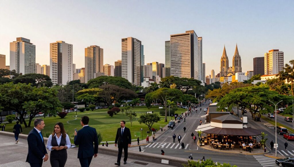 A panoramic view of São Paulo's skyline during the golden hour, showcasing a mix of modern skyscrapers and lush green parks. In the foreground, a bustling street scene with people in professional business attire, engaging in conversations and walking. In the middle ground, the iconic Paulista Avenue lined with trees and stylish cafés, displaying the vibrant urban life. The background features the historic architecture of the São Paulo Cathedral, bathed in warm sunlight. The lighting is soft and golden, creating a welcoming and dynamic atmosphere. The scene is captured with a wide-angle lens to emphasize the city's vastness and energy, reflecting the essence of São Paulo as a major metropolitan hub.