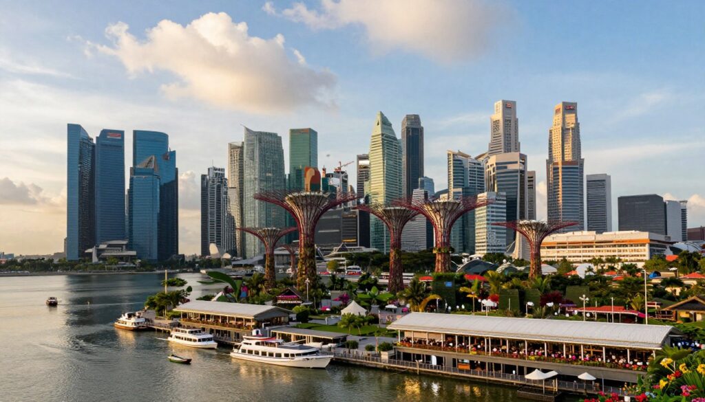 A panoramic view of Singapore as a city-state, showcasing its unique urban landscape and vibrant skyline. In the foreground, a bustling marina with diverse boats and waterfront restaurants, exemplifying a modern metropolis. The middle ground features iconic structures like the Marina Bay Sands and Gardens by the Bay, surrounded by lush greenery and vibrant flowers. In the background, a blue sky with fluffy clouds contrasts with the tall skyscrapers, highlighting the blend of nature and urbanization. Capture the scene during golden hour, bathing the city in warm, soft light, creating a welcoming and dynamic atmosphere. The image should convey a sense of harmony between technology and nature, reflecting the essence of Singapore as a thriving city-state.