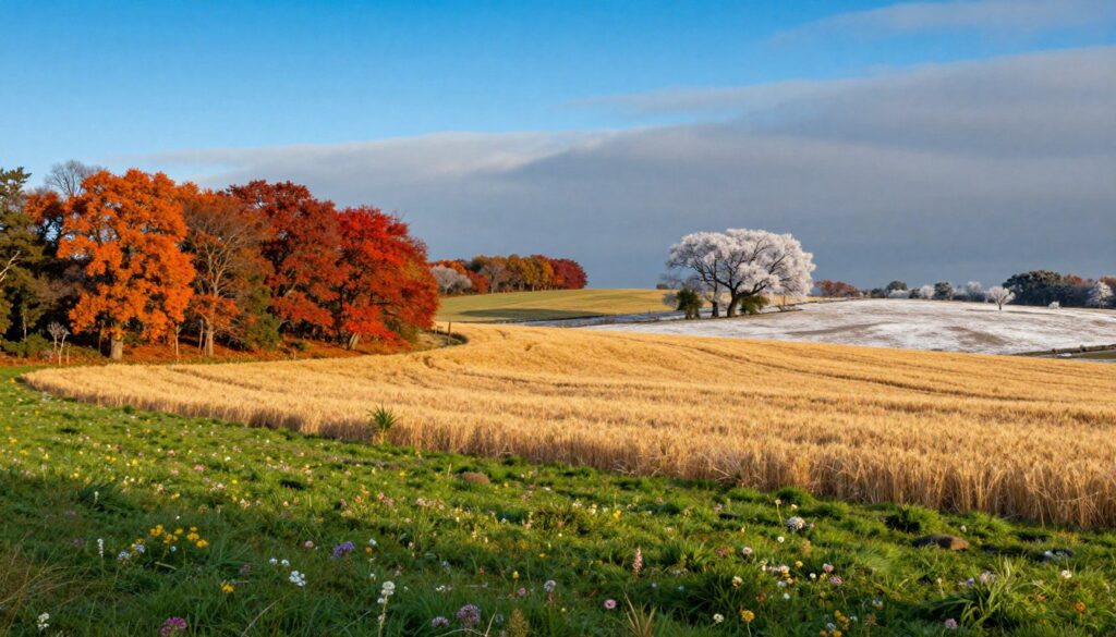 A panoramic view of a vibrant Uruguayan landscape illustrating its climate throughout the year. In the foreground, a lush green field dotted with wildflowers, representing spring, gradually transitioning to golden wheat fields symbolizing summer. To the left, a scene depicting autumn with trees in rich shades of orange and red, while the right side features a winter scene, with soft snow covering the ground and gentle frost on branches. The sky transitions from bright blue in summer to a cool gray in winter, capturing the seasonal shifts. Use warm, natural lighting to emphasize the colors of the seasons, with a slightly elevated angle to encompass the breadth of the landscape. The mood is tranquil and inviting, conveying the essence of Uruguay's diverse climate without any text or distractions.
