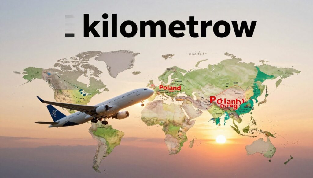 A panoramic view of a world map highlighting the distance between Poland and Japan, featuring a prominent scale of "kilometrów" in bold letters. In the foreground, a sleek airplane ascends into the sky, representing international travel. The middle section displays a vibrant map with Poland and Japan clearly marked, with dotted lines showing potential flight paths, accompanied by symbols of major cities. The background features a beautiful sunrise or sunset, casting warm light and enhancing the feel of global exploration. The atmosphere is calm yet dynamic, evoking the sense of adventure and the vastness of the distance to cover. The scene is rich in detail, with a focus on clarity and professionalism, perfect for an informative article.