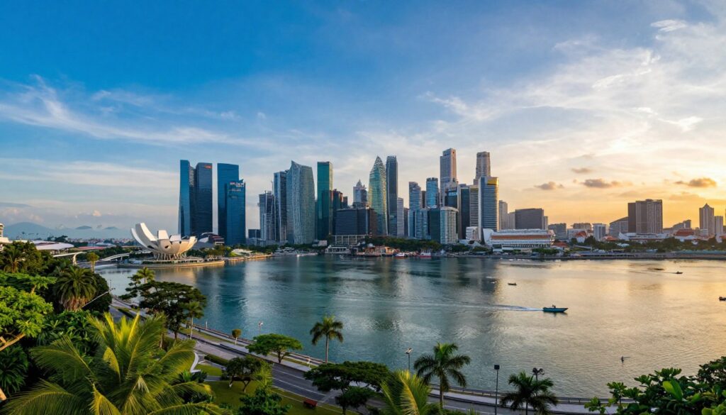 A panoramic view of the Malay Peninsula, showcasing the geographic boundaries of Singapore, bordered by Malaysia to the north and Indonesia to the south. The foreground features lush tropical vegetation and a serene coastline, with small boats gently bobbing in the crystal-clear waters. In the middle ground, highlight the bustling skyline of Singapore, with futuristic skyscrapers and green parks, symbolizing urban development amid nature. The background includes distant islands of Indonesia and sweeping blue skies, transitioning from vibrant daylight to a warm sunset glow, casting a golden hue over the landscape. The atmosphere is tranquil yet dynamic, capturing the essence of a crucial travel hub in Southeast Asia. The image should be sharp with high contrast, utilizing a wide-angle lens for an expansive effect.