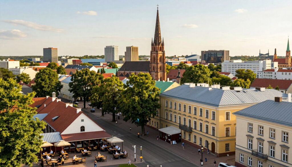 A panoramic view of the city of Kaliningrad, showcasing its unique blend of historic and modern architecture. In the foreground, a beautifully detailed street with quaint cafes and shops, featuring people in modest casual clothing enjoying the sunny day. The middle ground highlights the famous Königsberg Cathedral with its striking Gothic spire, surrounded by lush green trees. The background reveals the impressive modern skyline, with contemporary buildings and landmarks that reflect the city’s rich history and cultural significance. Golden sunlight bathes the scene, creating a warm and inviting atmosphere. The image is taken from a low angle to emphasize the grandeur of the architecture while capturing the vibrancy of city life.