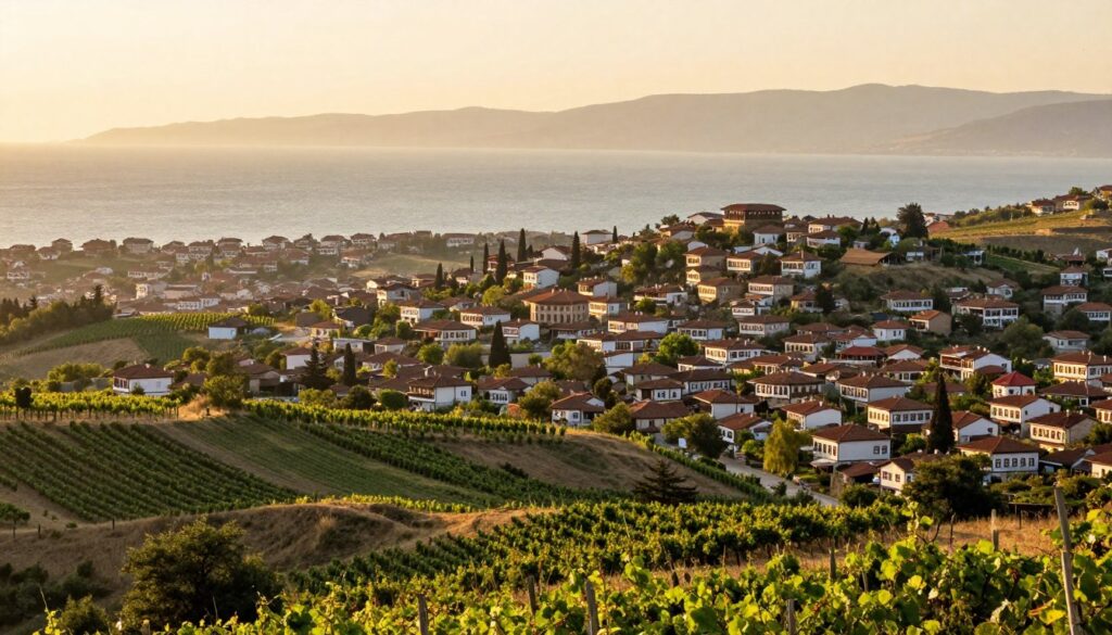 A panoramic view showcasing the landlocked country of Macedonia, with a focus on its geographical context. In the foreground, depict a scenic landscape featuring rolling hills and green vineyards. In the middle ground, illustrate vibrant, picturesque towns with traditional architecture, symbolizing Macedonia's cultural richness. In the background, render a distant view of the expansive Adriatic Sea, shimmering under the late afternoon sun, enhancing the allure of coastal access. Use soft, golden lighting to create a warm, inviting atmosphere, and capture the image with a wide-angle lens to emphasize the dramatic contrast between the land and the sea. The overall mood should evoke a sense of curiosity and exploration for travelers.