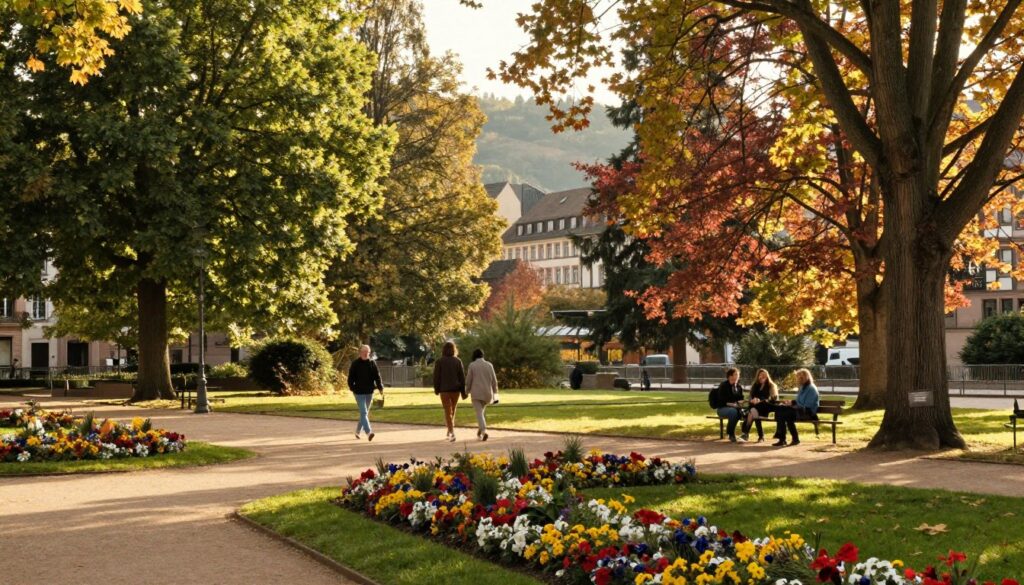A peaceful park in Strasbourg during early autumn, featuring lush green trees with golden and red leaves. In the foreground, a serene walking path lined with colorful flower beds leads the eye through the scene. Various mature trees provide dappled sunlight, creating a warm, inviting atmosphere. In the middle ground, a couple of people dressed in modest casual clothing stroll leisurely, enjoying the tranquil environment, while a small group sits on a bench, immersed in conversation. The background reveals gentle hills and historic buildings peeking through the foliage, hinting at the city's rich culture. The lighting is soft and golden, reminiscent of late afternoon sunshine, enhancing the dreamy, serene mood of the image. Capture this scene from a slightly elevated angle to provide depth and context.
