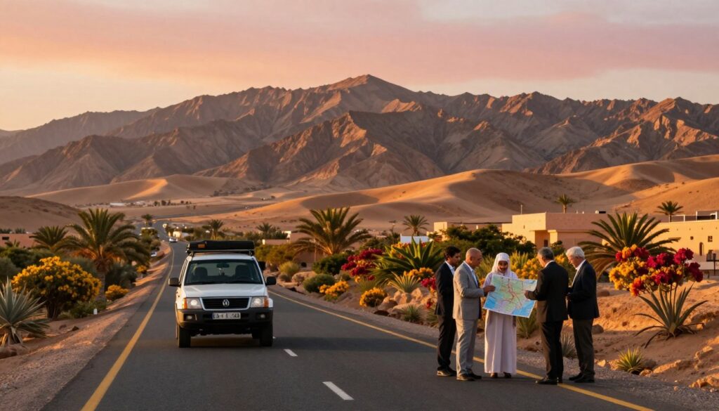 A picturesque highway scene in Morocco, showcasing the diverse landscapes between major cities. In the foreground, a modern vehicle travels along a smooth, winding road with a backdrop of the stunning Atlas Mountains. In the middle ground, a group of travelers in professional attire is consulting a map, planning their route among vibrant local flora. In the background, rolling hills transition into arid desert, accentuated by the warm glow of the sunset, casting long shadows and creating a tranquil atmosphere. The sky is painted in soft hues of orange and pink, illuminating the scene with a golden light. The image captures the essence of transportation in Morocco, emphasizing time and travel connections between regions.