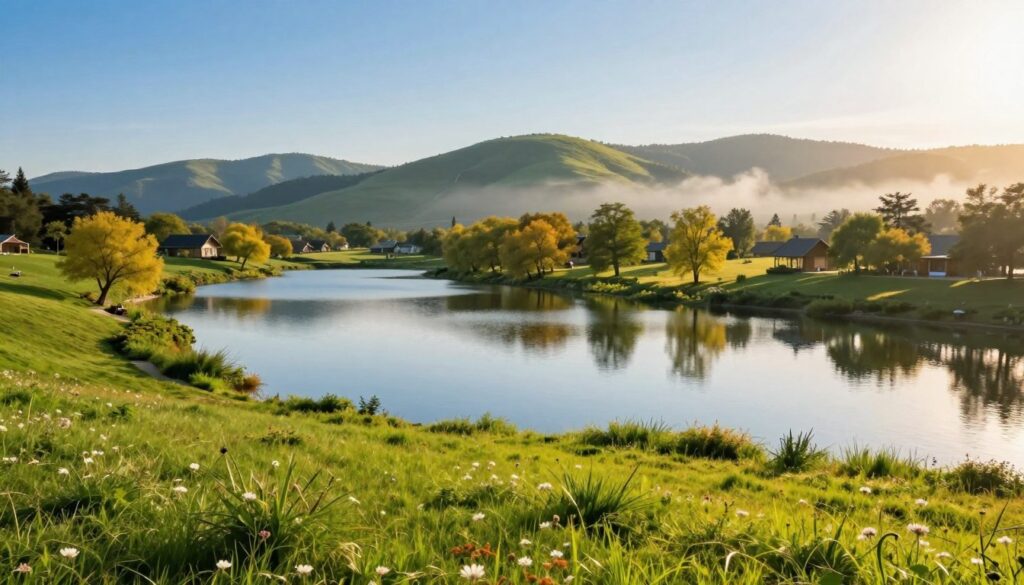 A picturesque landscape depicting a serene holiday retreat nestled between two sparkling lakes. In the foreground, lush green grass gently slopes towards the water, with small wildflowers dotting the landscape. The middle scene includes a tranquil lake, reflecting the clear blue sky and surrounded by vibrant trees, providing a perfect setting for relaxation. In the background, gently rolling hills rise, framed by a soft mist that adds depth. The lighting is warm and inviting, suggesting late afternoon with soft golden hues. The atmosphere is calm and peaceful, evoking the feeling of a hidden gem ideal for vacations. The angle is slightly elevated, offering a panoramic view of the lakeside retreat amidst nature's beauty, emphasizing tranquility and harmony.