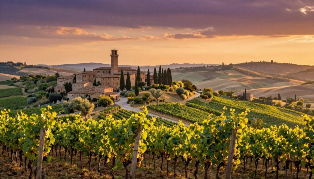 A picturesque landscape of Tuscany, showcasing the iconic UNESCO World Heritage sites. In the foreground, a lush vineyard stretches across rolling hills, with vibrant green grapevines and ripe grapes glistening in the sunlight. In the middle ground, a charming medieval town with terracotta rooftops and narrow cobblestone streets, surrounded by cypress trees. The background features the breathtaking Val d'Orcia, with its gentle hills and dramatic sky painted in warm hues of orange and purple, suggesting either dawn or dusk. Soft golden light bathes the scene, highlighting the natural beauty and rich cultural heritage of the region. The composition captures the serene and romantic atmosphere of Tuscany, inviting viewers to explore and appreciate its historical treasures.