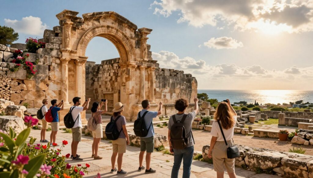 A picturesque scene of exploring ancient Carthaginian ruins, featuring weathered stone structures adorned with blooming Mediterranean flora. In the foreground, a diverse group of travelers, dressed in modest casual clothing, marvels at the historical remnants, pointing and taking photos. The middle ground showcases an impressive stone archway and crumbling walls, intricately carved with ancient symbols. In the background, a distant view of the blue Mediterranean Sea reflects the bright sunlight, while the sky is dotted with soft, fluffy clouds. The lighting is warm and golden, evocative of a late afternoon, creating an inviting and adventurous atmosphere. The angle captures both the travelers' expressions of awe and the grandeur of the ruins, inviting the viewer to immerse themselves in the historical ambiance. A picturesque scene of exploring ancient Carthaginian ruins, featuring weathered stone structures adorned with blooming Mediterranean flora. In the foreground, a diverse group of travelers, dressed in modest casual clothing, marvels at the historical remnants, pointing and taking photos. The middle ground showcases an impressive stone archway and crumbling walls, intricately carved with ancient symbols. In the background, a distant view of the blue Mediterranean Sea reflects the bright sunlight, while the sky is dotted with soft, fluffy clouds. The lighting is warm and golden, evocative of a late afternoon, creating an inviting and adventurous atmosphere. The angle captures both the travelers' expressions of awe and the grandeur of the ruins, inviting the viewer to immerse themselves in the historical ambiance.