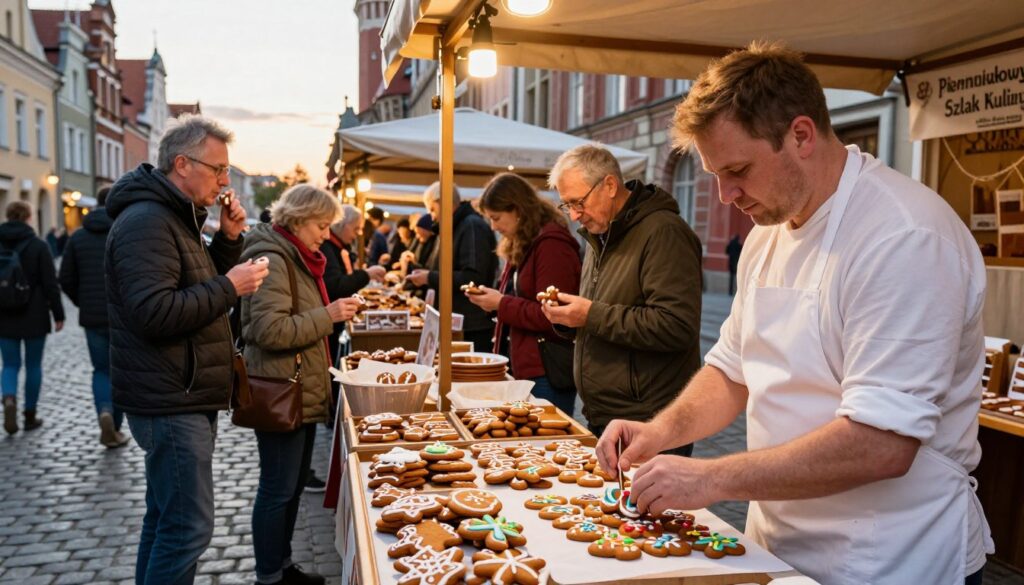 A picturesque scene of the "Toruński Piernikowy Szlak Kulinarny" in Toruń, Poland, showcasing a vibrant street market filled with stalls featuring traditional gingerbread cookies, known as pierniki. In the foreground, a skilled baker can be seen expertly decorating freshly baked gingerbread with colorful icing, dressed in a white apron and a modest shirt. The middle ground features a variety of visitors, enjoying the local delicacies, some sampling the pierniki while others browse the stalls. The background includes the iconic medieval architecture of Toruń, with its charming cobblestone streets and warm glow from the late afternoon sun. Soft, inviting lighting highlights the warm tones of the gingerbread and the lively atmosphere, creating a sense of joy and culinary exploration. A picturesque scene of the "Toruński Piernikowy Szlak Kulinarny" in Toruń, Poland, showcasing a vibrant street market filled with stalls featuring traditional gingerbread cookies, known as pierniki. In the foreground, a skilled baker can be seen expertly decorating freshly baked gingerbread with colorful icing, dressed in a white apron and a modest shirt. The middle ground features a variety of visitors, enjoying the local delicacies, some sampling the pierniki while others browse the stalls. The background includes the iconic medieval architecture of Toruń, with its charming cobblestone streets and warm glow from the late afternoon sun. Soft, inviting lighting highlights the warm tones of the gingerbread and the lively atmosphere, creating a sense of joy and culinary exploration.